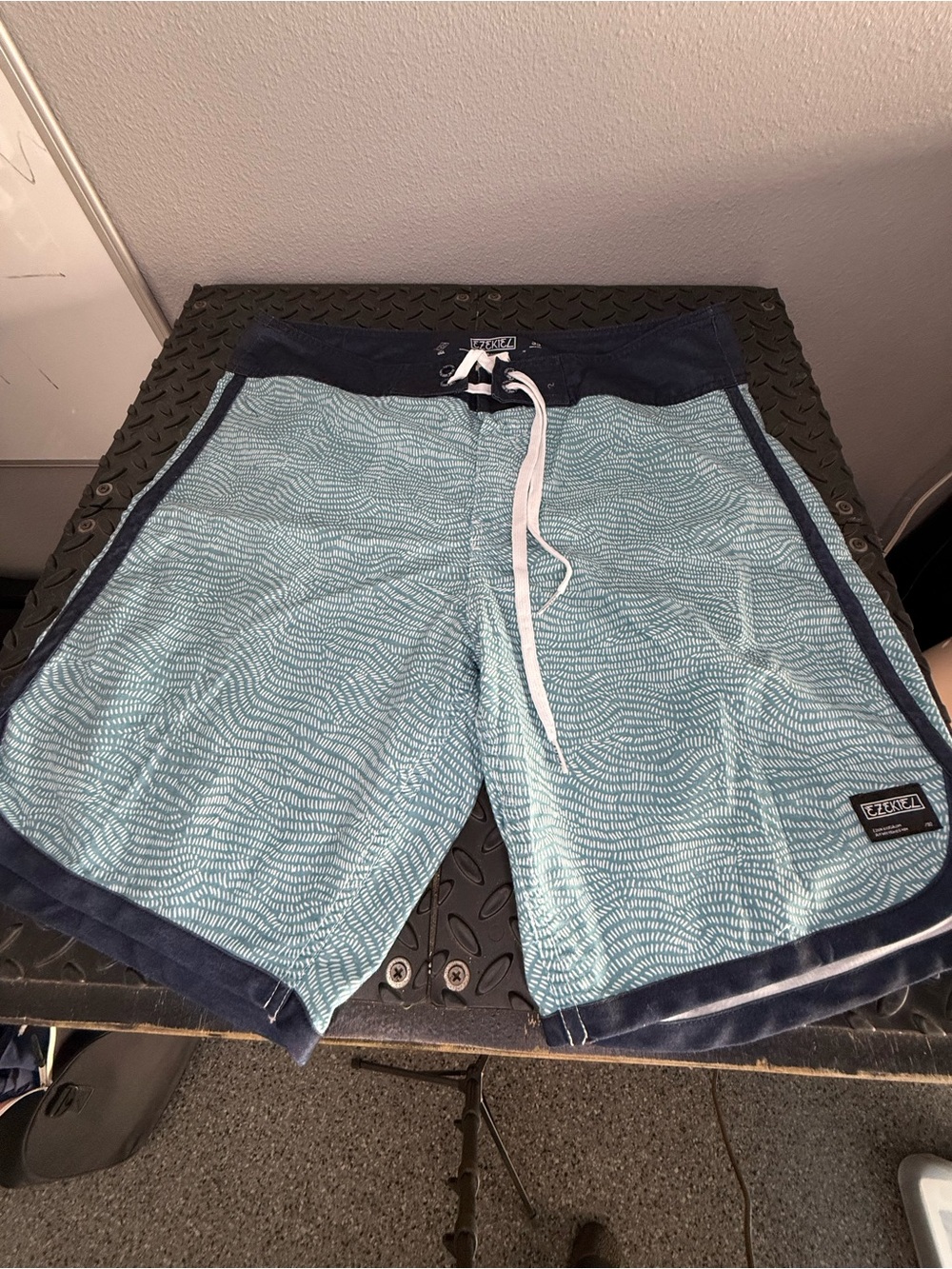 Ezekiel Men's Aqua Wave-Print Board Shorts with Navy Accents